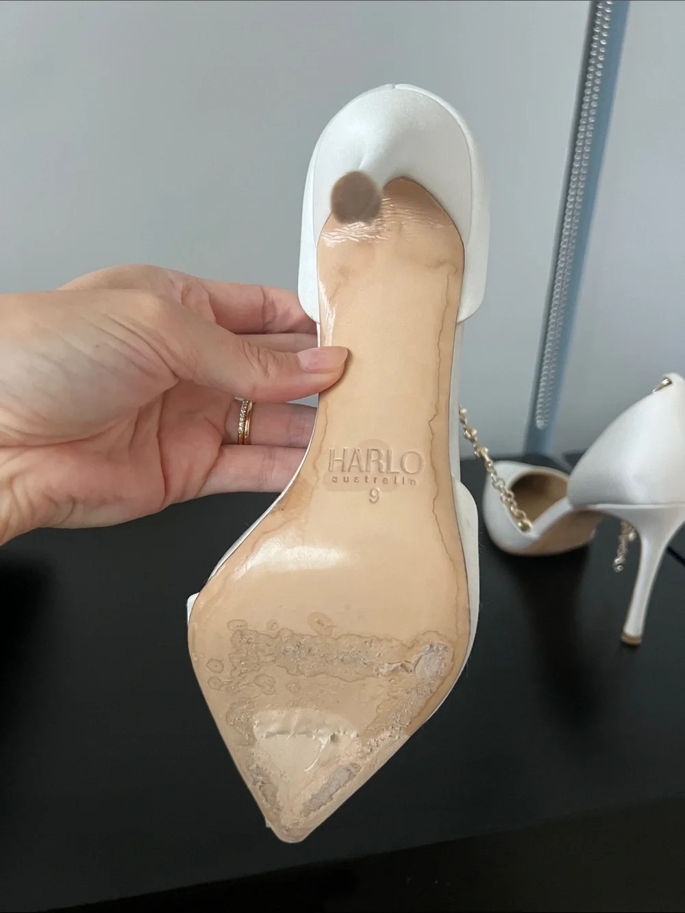Harlow White Pointed D'Orsay Heels with Crystal Strap